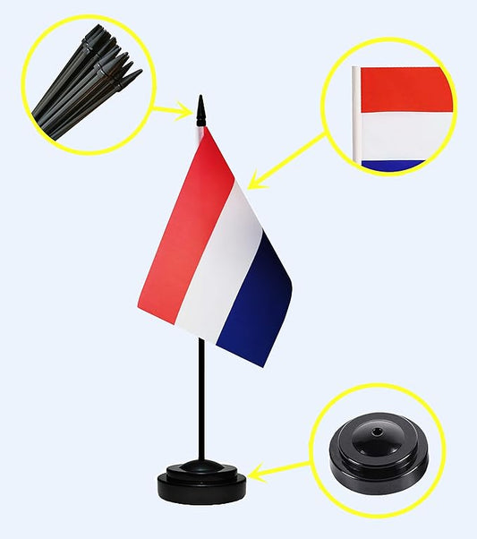 Netherlands Dutch Deluxe Desk Flag Set, Small Mini Miniature Netherlands Dutch Table Desktop Flags With Solid Pole, Black Base and Spear Top(2 Pack)