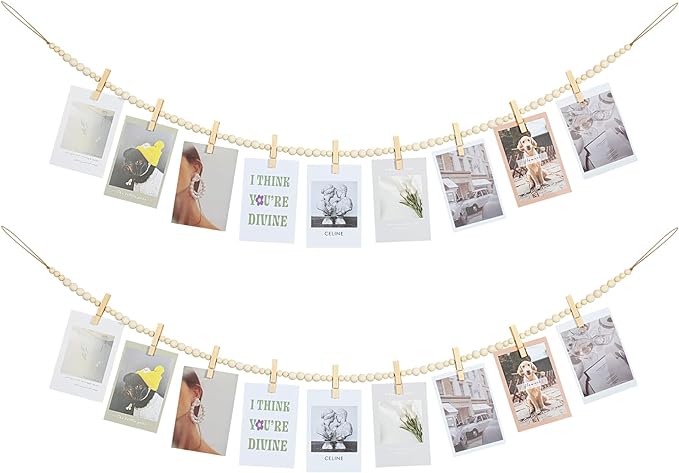 Hanging Photo Display Wall Decor, 2PCS Boho Wooden Bead Garland Collage Picture Frame with 9 Wood Clips for Bedroom, Living Room, Office, Dorm Decor, Photos Holder Teen Girl Gifts