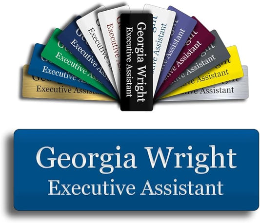 Custom Engraved Name Tag 1" x 3" Personalized Badge Magnetic or Pin Backing Made in The USA by Gem Awards (Blue)