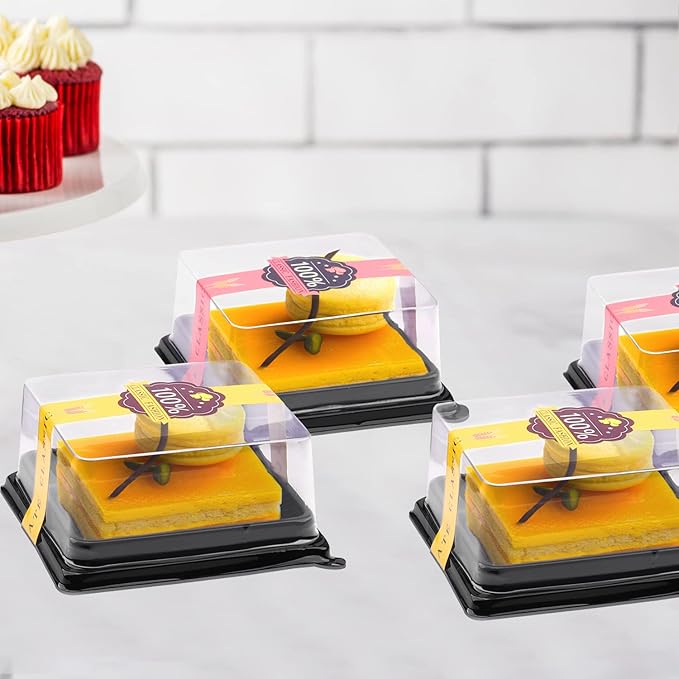 50 Pcs 3.5 Inch Mini Cake Containers - Clear Plastic Cupcake & Muffin Dessert Holders - Mooncake & Cookie Boxes - Wedding & Birthday Gift Box Set With 50 Pcs Stickers