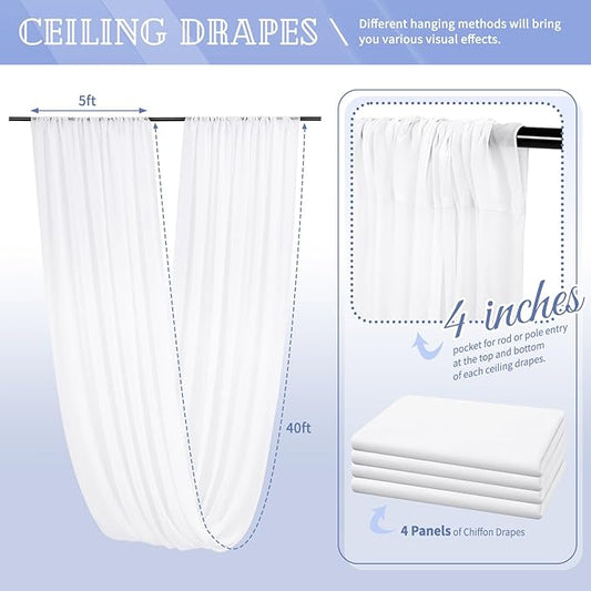 4 Panels White Ceiling Drapes for Wedding 5ftx40ft Chiffon Fabric Arch Draping Curtains Sheer Drapery for Party Ceremony Birthday Baby Shower Reception Stage Ceiling Decorations