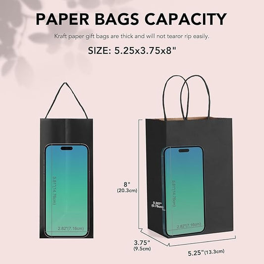METRONIC Kraft Paper Gift Bags with Handles 5.25x3.75x8 Inch 20000 Pack | Christmas, Birthday Party Favors, Retail Shopping, Small Business Bulk | Black Gift Wrap Bag