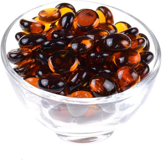 KINGOU Flat Glass Gems/Marbles/Stones/Beads for Vase Filler, Table Scatter, Games - 1 Lbs (17-19mm, Approx. 3/4")-Amber