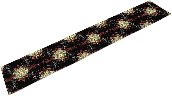 Boho Moon Lion Table Runner, Chinese Fish Phase of The Moon Sun Moon Table Runner for Kitchen Dining Table Home Party,13x120 Inch Black Red
