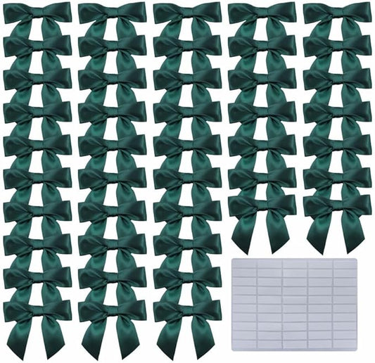 2.5" Hgzgch Dark Green Ribbon Bow for Gift Wrapping, Premade Bows for Crafts, Cake, Party Favors, Handmade Bows with Double-Sided Tape, Self Adhesive Bows for Presents, Treats, Christmas - 50pcs