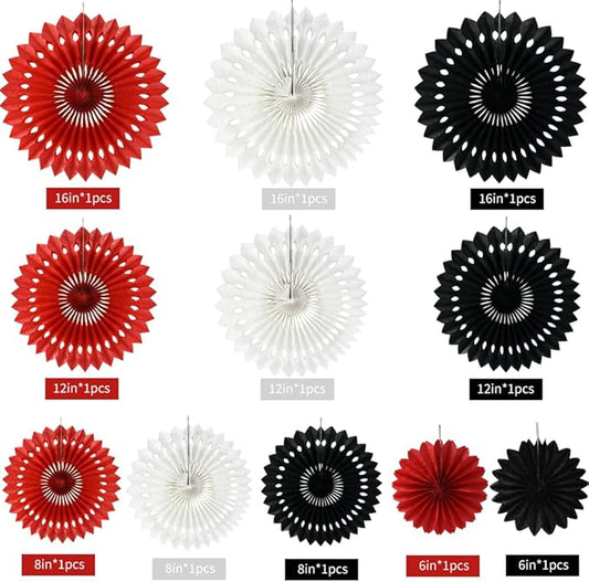 BEISHIDA Red Black White Hanging Honeycomb Round Paper Fans Decoration Tissue Paper Fan Garland for Birthday Christmas Wedding Party Supplies（11packs）