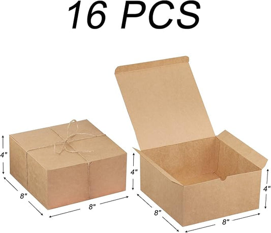 Xxcxpark 16 PCS Brown Kraft Gift Boxes 8x8x4 Inches, Decorative Party Favor Kraft Paper Gift Packaging Box with Lid for DIY Crafting, Cube, Cupcake, Kraft Present Boxes for Birthday, Wedding