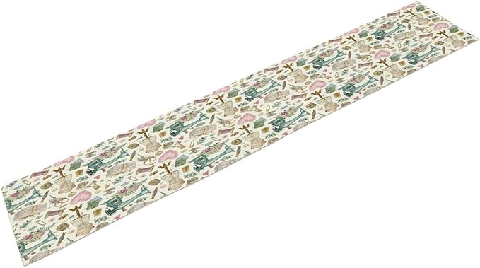 Sewing Theme Table Runner,Vintage Sewing Machine Tool Watercolor Pattern Print Tablecloth Burlap for Hotel Indoors Outdoor Dining Room Kitchen Home Decor,W13X L60 in