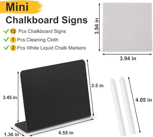 12 Pcs 4"x3" Mini Chalkboard Signs for Food, Reusable PVC Food Labels, Reserved Table Signs for Party Buffet, Birthdays, Bakery, Weddings Table Numbers, Buffet Display, Place Cards, Name Tag