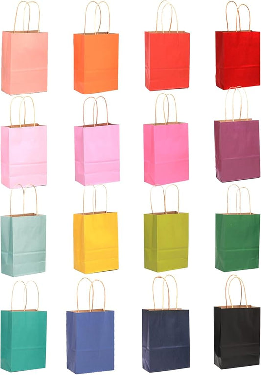 qiqee 200Pcs Paper Gift Bags with Handles - 4.5"×2.5"×6" Mini Party Favor Bags Multiple Uses - 16 Solid Colors