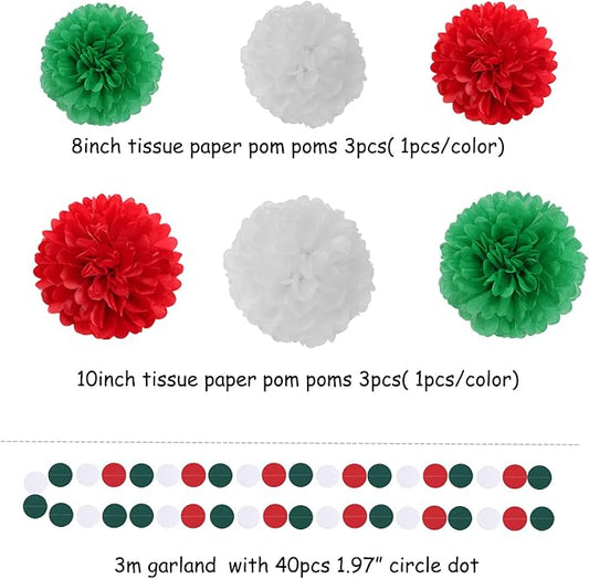 Red-Green White Party-Decorations - 23pcs Mexico Italy Tissue Pom Poms Streamers,Tassel Garland Banner,Mexican Italian Birthday Wedding Baby Shower Decor Bunting Lasting Surprise