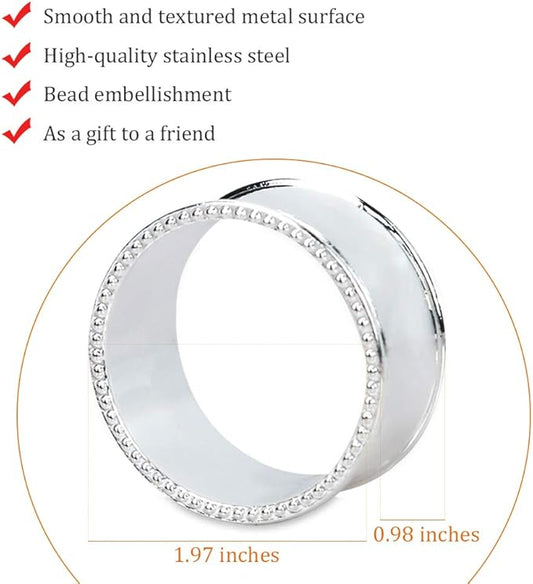 6 Pcs Stainless Steel Bead Side Napkin Rings Delicate Serviette Buckles (Silver)