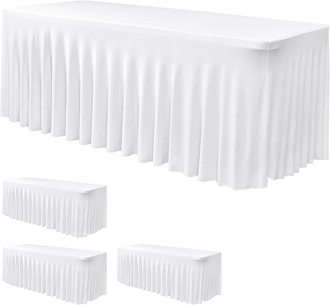 Nasitos White Table Skirt for 8 Foot Rectangle Tables, 4 Pack - 96 x 30 Inch - Stretch Spandex Fitted Table Clothes, Fabric Table Covers Cocktail Tablecloths for Party, Banquet, Birthday
