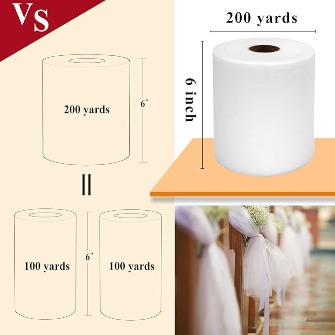 White Tulle Fabric Rolls 6 Inch by 200 Yards (600 feet) Fabric Spool Tulle Ribbon for DIY White Tutu Bow Baby Shower Birthday Party Wedding Christmas Decorations Craft Supplies
