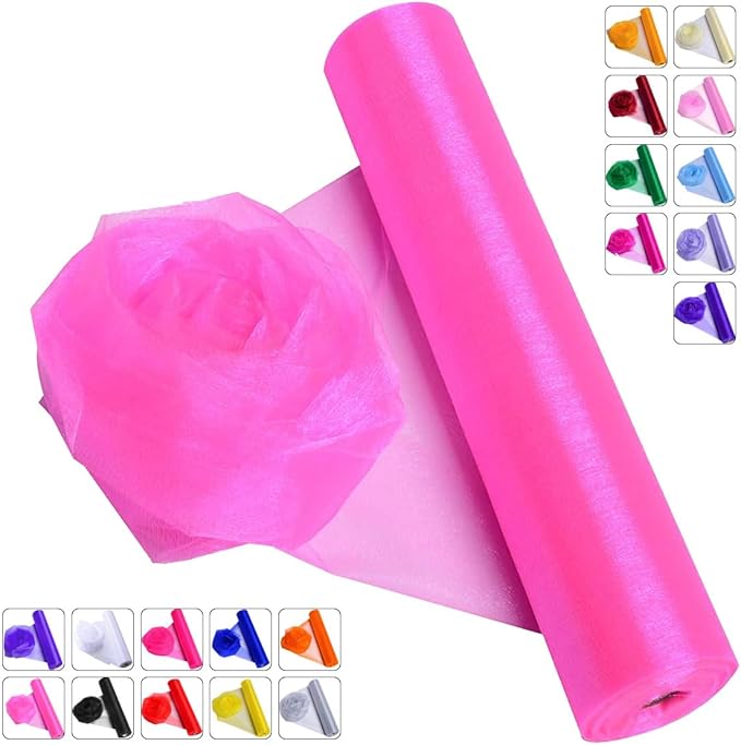 Crystal Organza Fabric Tulle - 16" by 50 Yards Sheer Fabric for Wedding Party Decoration Bridal Shower Tutu Roll Netting Spool Ribbon Wrapping (Pink)