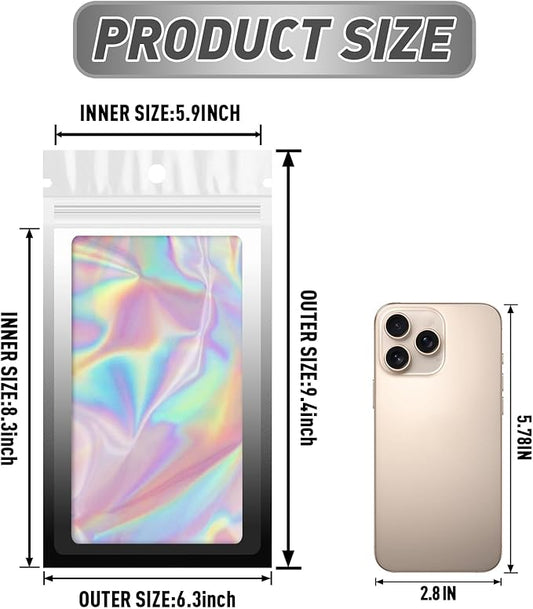 Funfery 100 Pack Gradient Holographic Bags,Resealable Bags with Zipper,Clear Window Packaging Pouchs,Foil Bag for Food Storage,Small Business,Sample Jewelry Bag(6.3×9.4In,White Black)