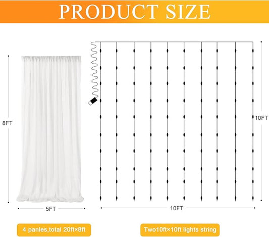 Fomcet Tulle Curtains with Lights String Ivory 20FT X 8FT Sheer Backdrop Curtains for Parties Wedding Baby Shower Photo Shoot Decorations (4 Panels 5 x 8FT)