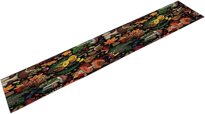 Nature Mushroom Table Runner,Retro Boho Floral Botanical Plant Forest Pattern Print Tablecloth Burlap for Hotel Indoors Outdoor Dining Room Kitchen Holiday Party, 13x36in