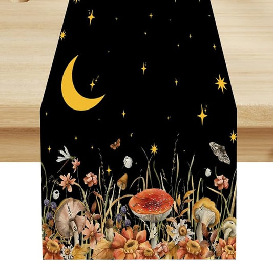 Mushroom Kitchen Table Runner, Gothic Moon Star Plants Witchy Moonlit Flower Butterfly Table Runner for Kitchen Party Living Room Drapes, 13x120 Inch Black
