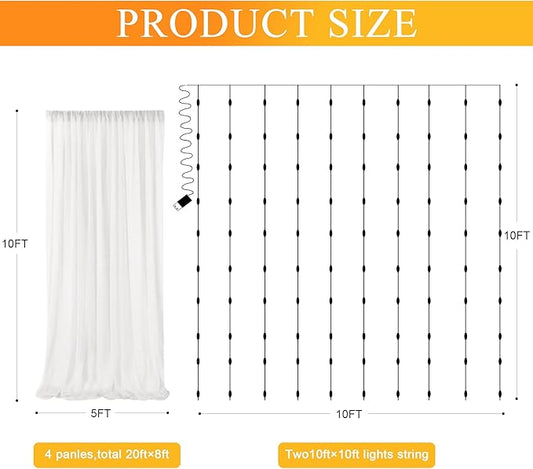 Fomcet Tulle Curtains with Lights String Ivory 20FT X 10FT Sheer Backdrop Curtains for Parties Wedding Baby Shower Photo Shoot Decorations (4 Panels 5 x 10FT)