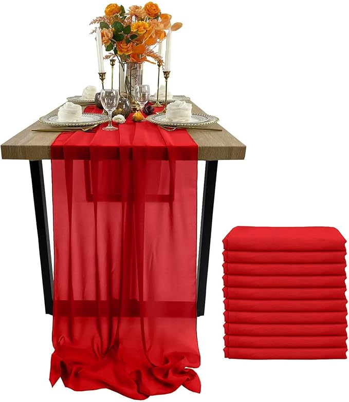 EHLDekol Chiffon Table Runners Romantic Sheer Wedding Table Runner Top Table Bridal Party Decoration (Red, 10ft, 10Pack)