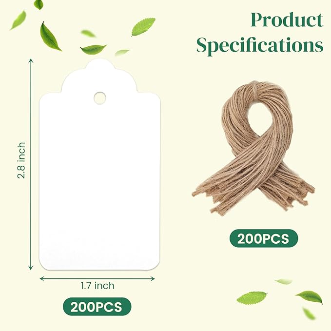 SallyFashion 200PCS Gift Tags, 2.8×1.7 Inch Hang Tags with String for Presents DIY Weddings Bridal and Baby Showers Birthdays