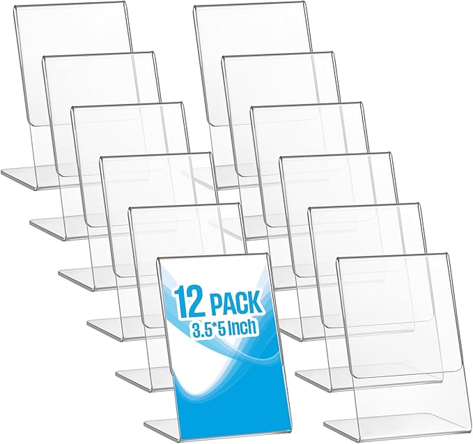 Ctosree 12 Pcs Acrylic Photo Frame L shape Slant Back Desktop Photo Frames Plastic Clear Sign Clear Acrylic Display Stand Table Top Sign for Home Office Wedding Restaurant Menu (3.5 x 5 Inch)