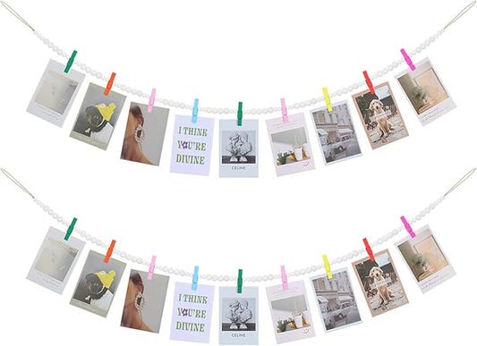 Hanging Photo Display Wall Decor, 2PCS Boho Wooden Bead Garland Collage Picture Frame with 9 Different Random Colors Wood Clips for Boho Bedroom, Living Room, Office, Dorm Decor