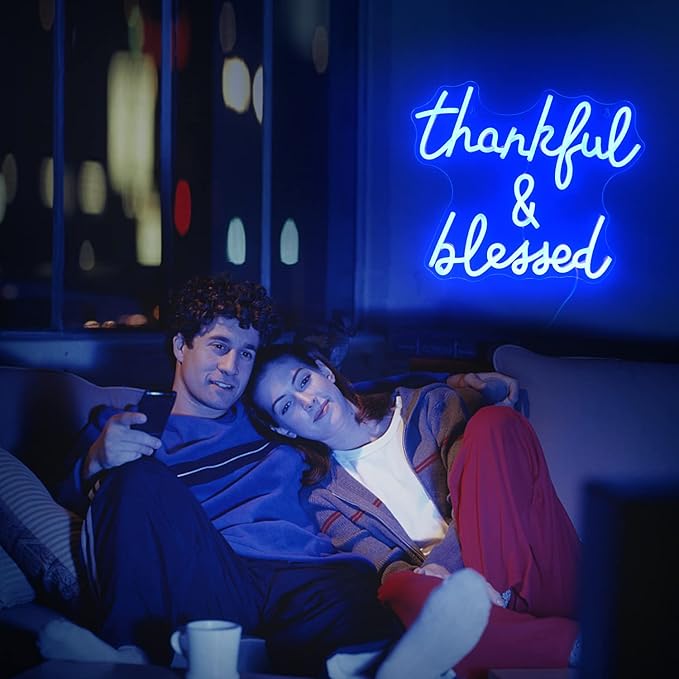 Thankful and Blessed Neon Sign Thanksgiving Led Sign Blessed Neon Lights Blue Light up Sign USB Powered Switch Neon Signs for Wall Decor for Wedding Decoration Birthday Party Girls Decor