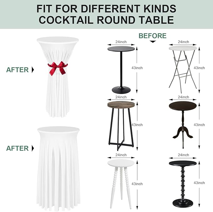 Cocktail Table Covers - 2 Pack 24"x 43" White Cocktail Table Tablecloth with Natural Wavy Round Skirt for Bar Wedding Party Banquet