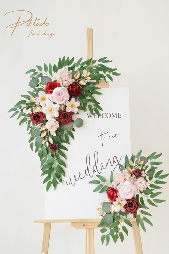 Faux Flower Swag Set of 2 for Wedding Welcome Signs Floral Swag Wedding Reception Ceremony Signs Decor (A-Burgundy Pink)