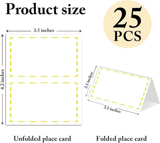 25 Pack Yellow Lines Place Cards, Editable Name Cards for Table Setting, Tent Cards Food Label for Dinner Party, Bridal Shower, Wedding, Baby Shower and Events -T21
