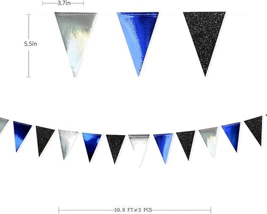 30Ft Navy Blue Black and Silver Party Decorations Royal Blue Triangle Flag Pennant Banner Bunting for Graduation Birthday Wedding Bridal Shower Nautical Ahoy Achor Theme Party Decorations Supplies