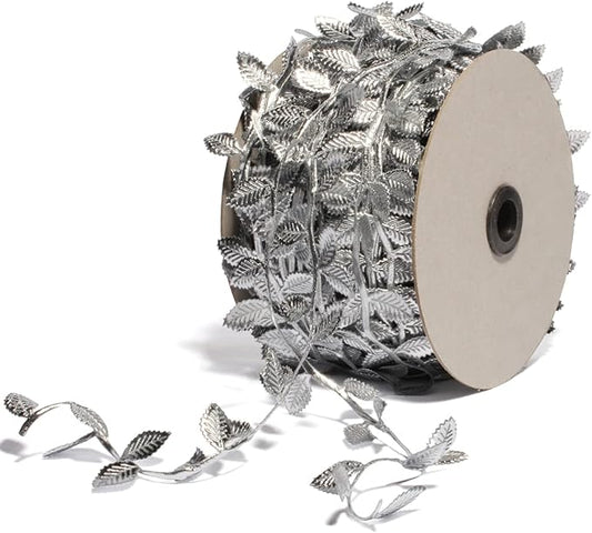 BASOKAN Silver Leaves Leaf Ribbon Trim Rope - 20 Yards - for Garland DIY Crafts and Party Wedding Home Decorations
