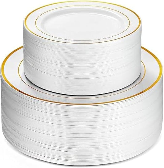Neatiffy100 Pcs Gold Rim Plastic Dinnerware Set (50 Guest) | 50 x (Dinner Plate, Dessert Plate) | For Wedding, Luxurious Party, Special Event