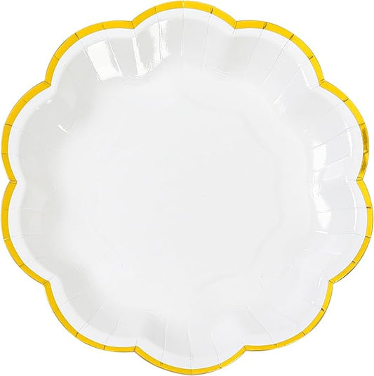 White Golden Party Plates Gold Foil Dessert Paper Plate 7inch Scalloped Edge Disposable Cake Plates for Tea Party Birthday Bridal Baby Shower Wedding Party Supplies (24, White)