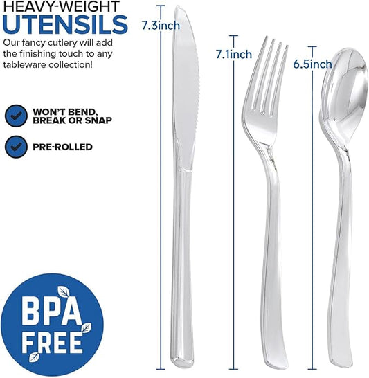400PCS Pre Rolled Silver Plastic Silverware Sets - Heavy Duty Silver Cutlery - Include 100 Pack Wrapped Disposable Utensils with Napkins for Parties & Dinners & Weddings