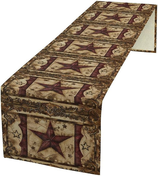 Wild West Table Runner, Rustic Farmhouse Texas Star Vintage Rodeo Cowboy Old Sign Wild West Print Pattern for Home Kitchen Table Decor Dining Coffee Room Garden Party Decor 13x108in