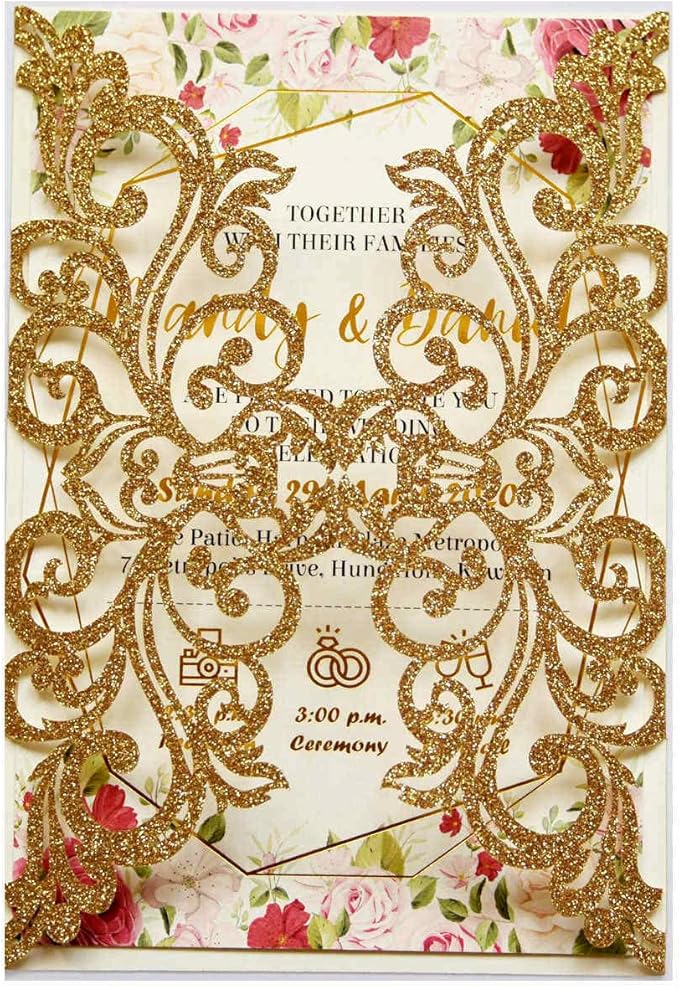 25PCS Gold Glitter Laser Cut Wedding Invitations Cards with Envelopes,Blank Inner Sheets,Ribbons for Wedding Bridal Shower Quinceañera Engagement Birthday Invites