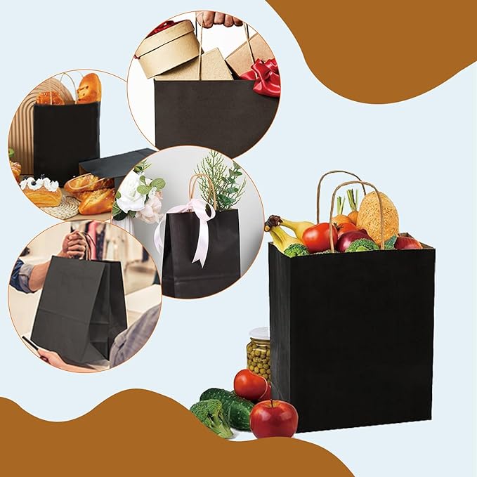 BAG BOX 25 Pack Small 5.9x3.1x8.25 Inch Black Kraft Paper Gift Bags with Handles for Bulk Shopping, Retail, Craft, Party Favors, Wedding, Grocery & Sacks