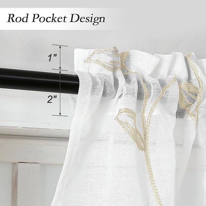 VISIONTEX White Sheer Voile Curtains, Decorative Leaves Embroidery Faux Linen Rod Pocket Window Drapes for Home Kitchen, Living Room and Bedroom 26 x 36 Inch, Set of 2 Curtain Panels