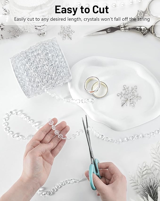99FT Crystal Garland Strands, Acrylic Iridescent Crystal Beads String Roll, Diamond-Shaped Crystal Garland for Christmas Tree Wedding Party Decorations Beaded Curtain DIY Crafting Projects