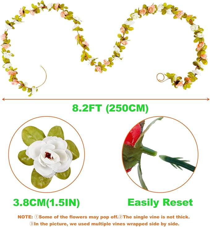 6 Pcs x 8.2 ft Flower Garland Artificial Rose Vine Flowers with Green Leaves Hanging Fake Roses Vine for Room Party Home Wedding Birthday Christmas Wall Arch Decor, Pink Champagne Flower