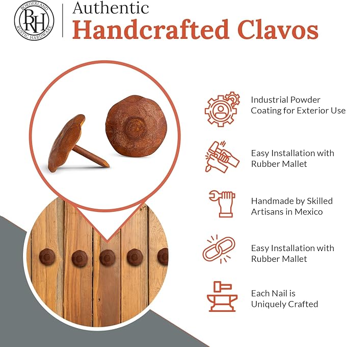 50 Pack 1" Small Round Head Iron Clavos Decorative Nails – Rusted – Handmade Rustic Round Fasteners for Farmhouse Shutter, Faux Wood Beams, Barn Door, Shutters, and Gates – Ornamental Wood Accent
