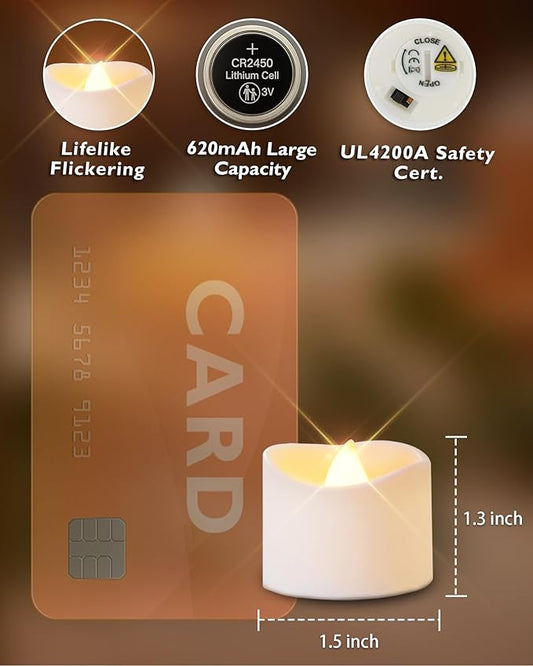 Homemory 48-Pack Novelty Flickering Flameless Tea Lights Candles, 200+Hours Battery-Operated LED Fake Candles for Wedding Table Centerpieces,Proposal,Anniversary, White Base, Ø1.5'' × H1.3''