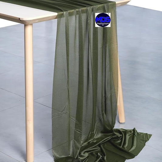 MDS Halloween Chiffon Table Runner - 25 Pack, 29 x 170 Inches, 14ft Each - Sheer Spooky Table Runners for Haunted House Parties, Trick-or-Treat Tables, Witchy Décor, Wedding & Events - Olive Green