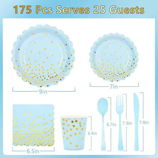 Blue and Gold Party Decorations 175PCS Light Blue Paper Plates and Napkins and Cups With Blue Plastic Forks Knives Spoons for Wedding Birthday Party Baby Shower Decorations Boy