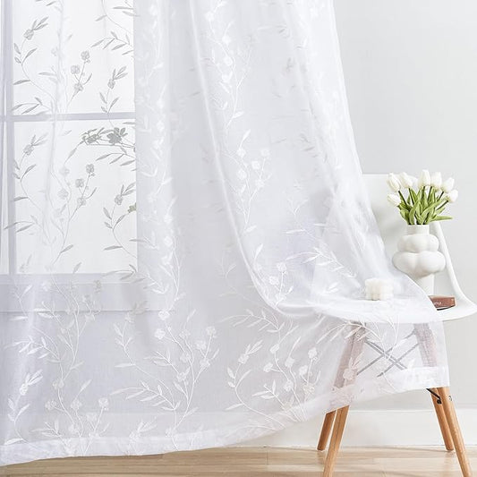 Sheer Curtains White 54 Inches Long Floral Embroidery Rod Pocket Voile Drapes for Living room, Bedroom, Window Treatments Semi Lace Outdoor Curtain Panels for Patio, Lawn, Garden, Set of 2, 52"x 54".