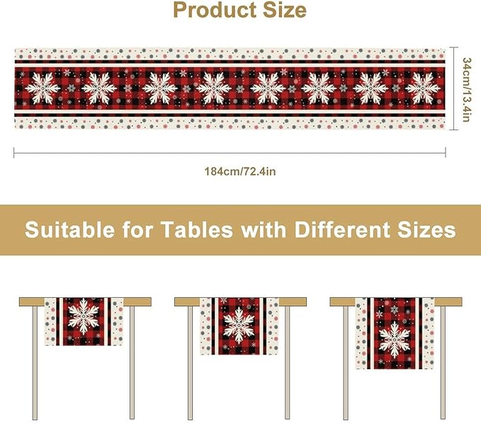 Snowflakes Christmas Table Runner,Red Buffalo Plaid Seasonal Winter Kitchen Dining Table Decoration for Home Party Decor 13x108 Inch