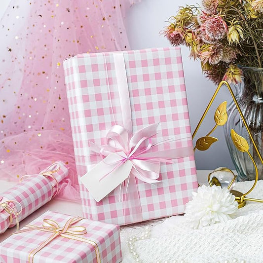 Burymento Pink Checkerboard Wrapping Paper, Gift Wrap for Birthday, Valentines, Mothers day, Graduation, Wedding, Fathers day, Baby Shower, Christmas (17in x 32.8ft)